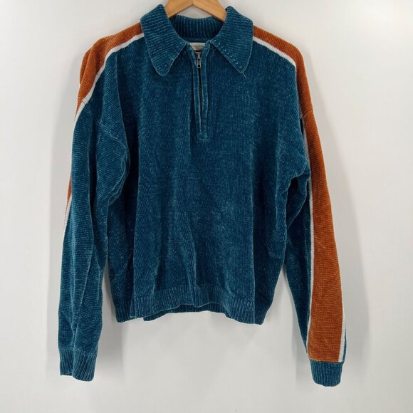 Urban Outfitters S Chenille 1/4 Zip Sweater Blue Colorblock Retro 90s Cozy - Picture 8 of 8